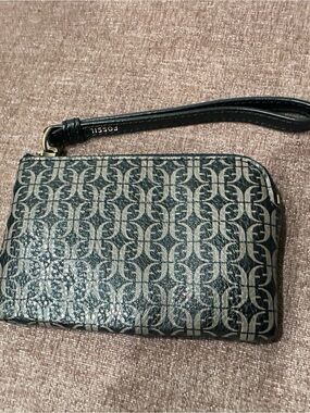 Fossil Black and Beige Logo-Pattern Wristlet